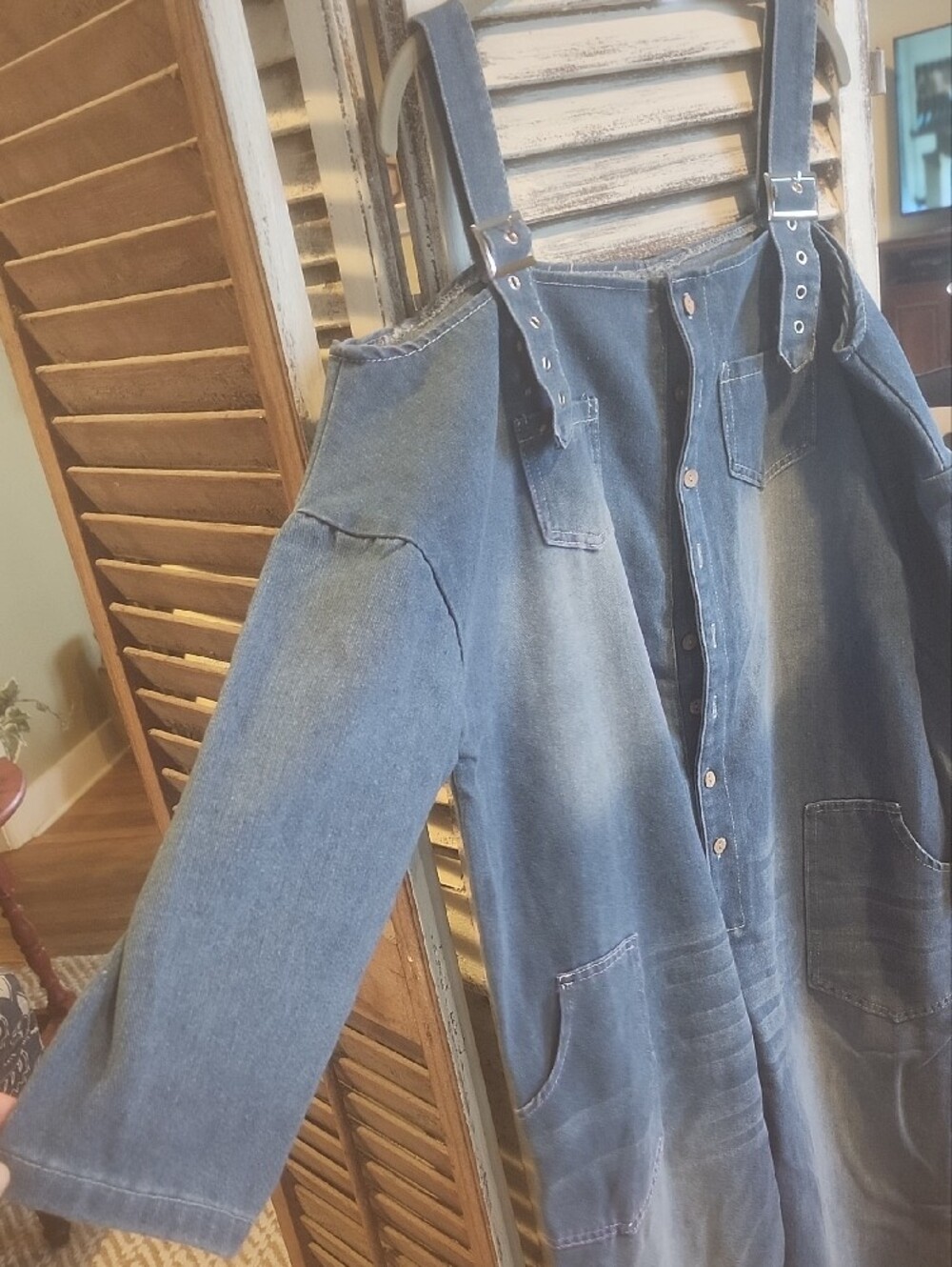 Denim Cold Shoulder Overalls - Picture 2 of 5